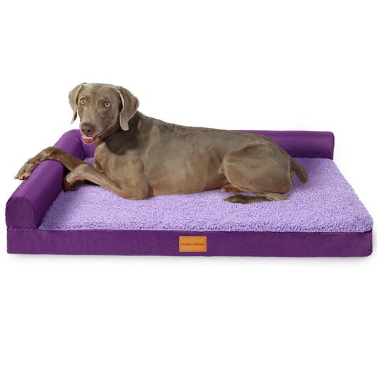 Orthopedic XL Dog Bed for Large Dogs 42''X28'', L Shaped with Removable Washable Cover, Waterproof Supportive Foam Pet Couch Bed Mat, Purple