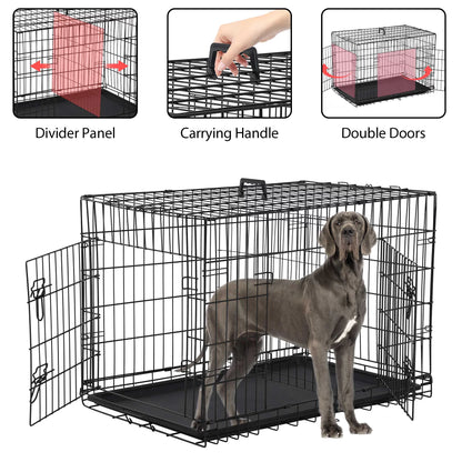 48 Inch Dog Crate, Dog Crates and Kennels for Big Dog Foldable Large Dog Crate for Large Dogs with Handle Double-Door Outdoor Metal Wire Dog Cage with Plastic Tray for Medium Dogs, Black