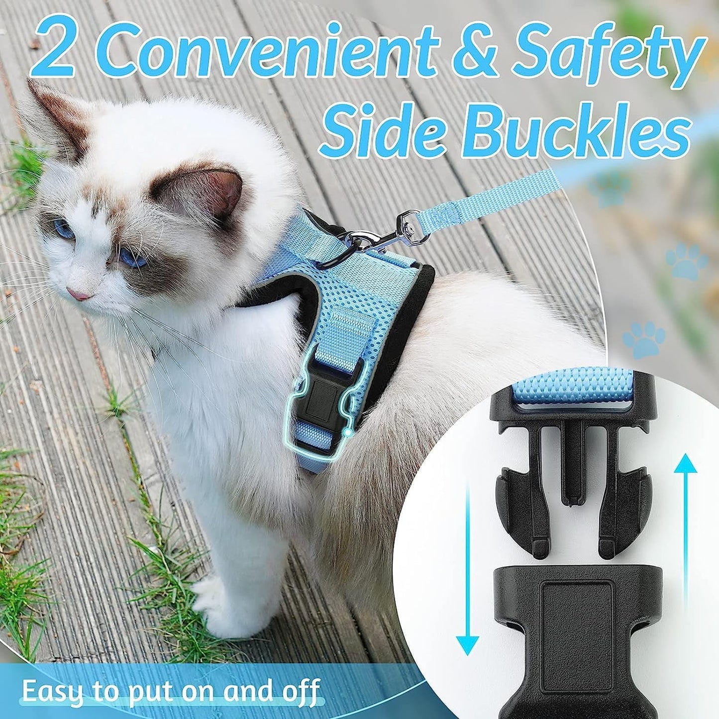 Cat Harness and Leash for Walking, Escape Proof Soft Adjustable Vest Harnesses for Cats, Easy Control Breathable Reflective Strips Jacket, Baby Blue