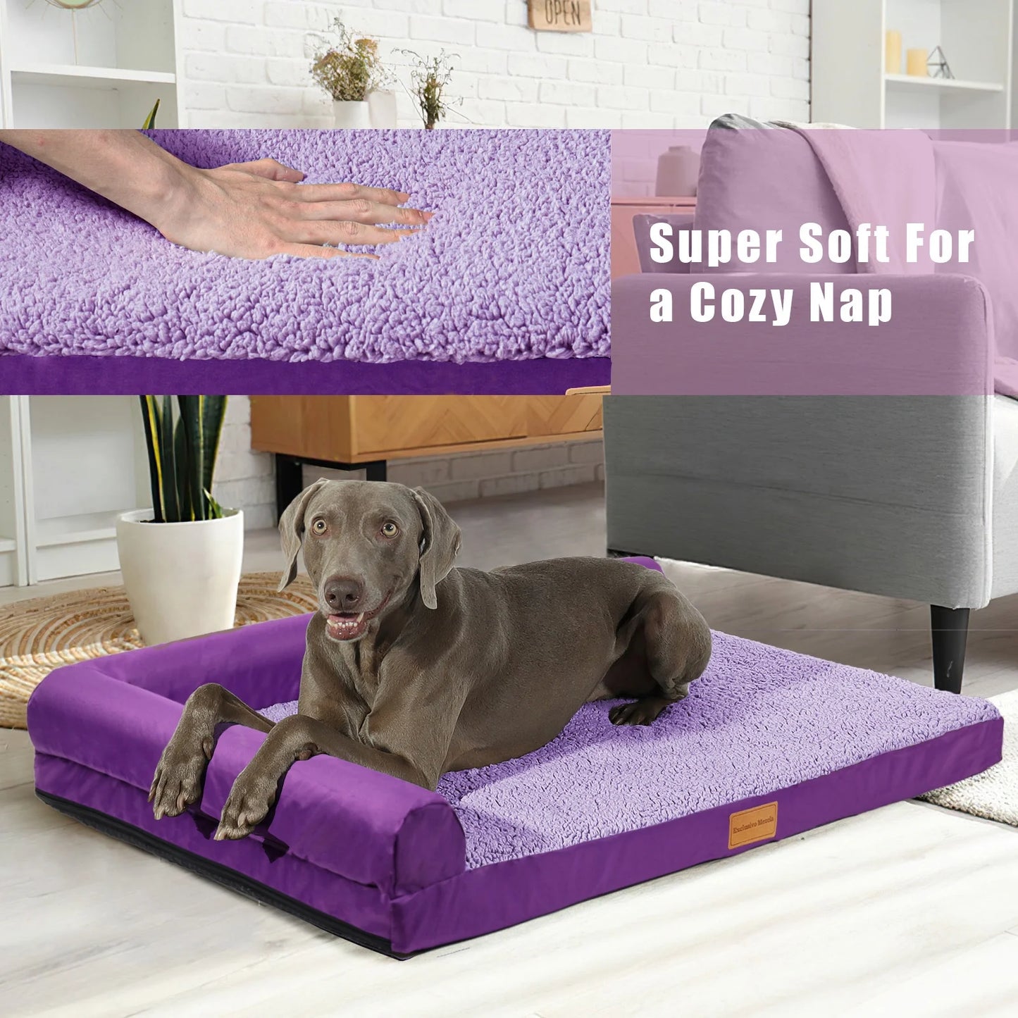 Orthopedic XL Dog Bed for Large Dogs 42''X28'', L Shaped with Removable Washable Cover, Waterproof Supportive Foam Pet Couch Bed Mat, Purple