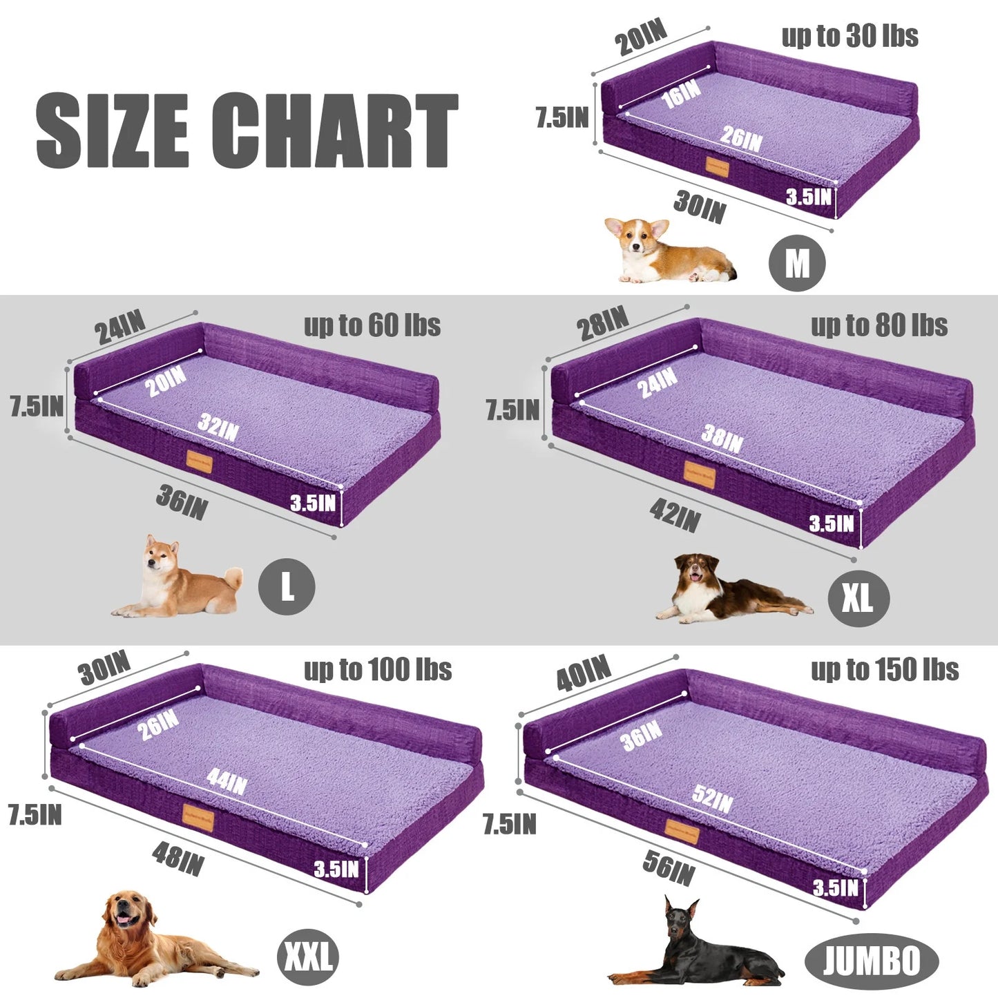 Orthopedic XL Dog Bed for Large Dogs 42''X28'', L Shaped with Removable Washable Cover, Waterproof Supportive Foam Pet Couch Bed Mat, Purple