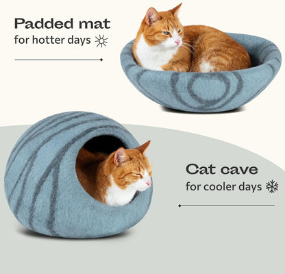 Cat Bed Cave Premium Felt - Handmade 100% Merino Wool Bed for Cats and Kittens (Light Shades) (Medium, Aquamarine)