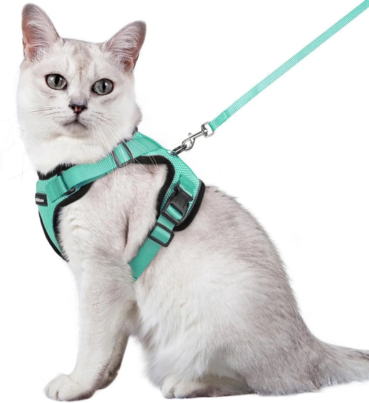 Cat Harness and Leash for Walking, Escape Proof Soft Adjustable Vest Harnesses for Cats, Easy Control Breathable Reflective Strips Jacket, Turquoise Green