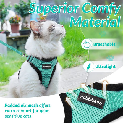 Cat Harness and Leash for Walking, Escape Proof Soft Adjustable Vest Harnesses for Cats, Easy Control Breathable Reflective Strips Jacket, Turquoise Green