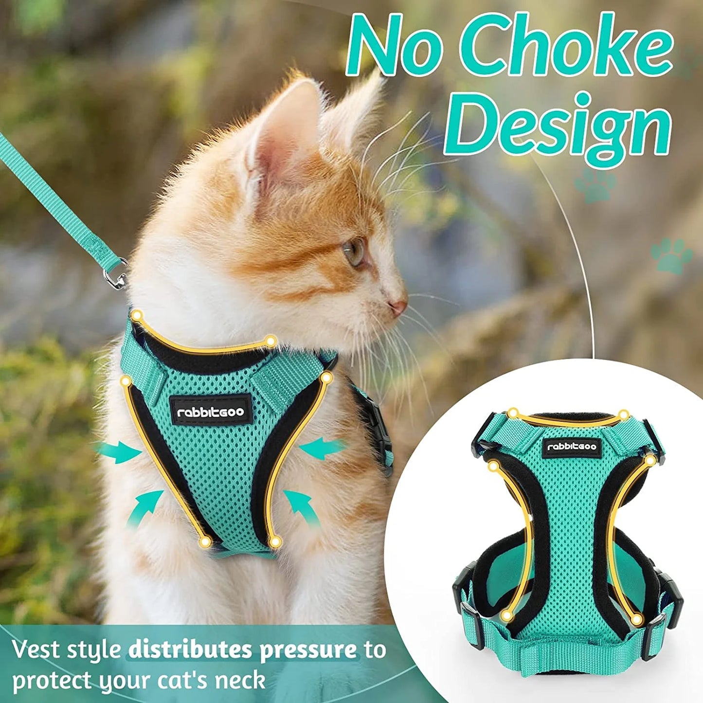 Cat Harness and Leash for Walking, Escape Proof Soft Adjustable Vest Harnesses for Cats, Easy Control Breathable Reflective Strips Jacket, Turquoise Green