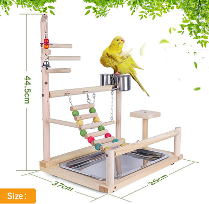 Parrots Playground, Natural Wooden Bird Perch Bird Play Stand Bird Play Gym Bird Toys Accessories with Stainless Steel Feeding Stair Swing for Parrots, Finches # 2