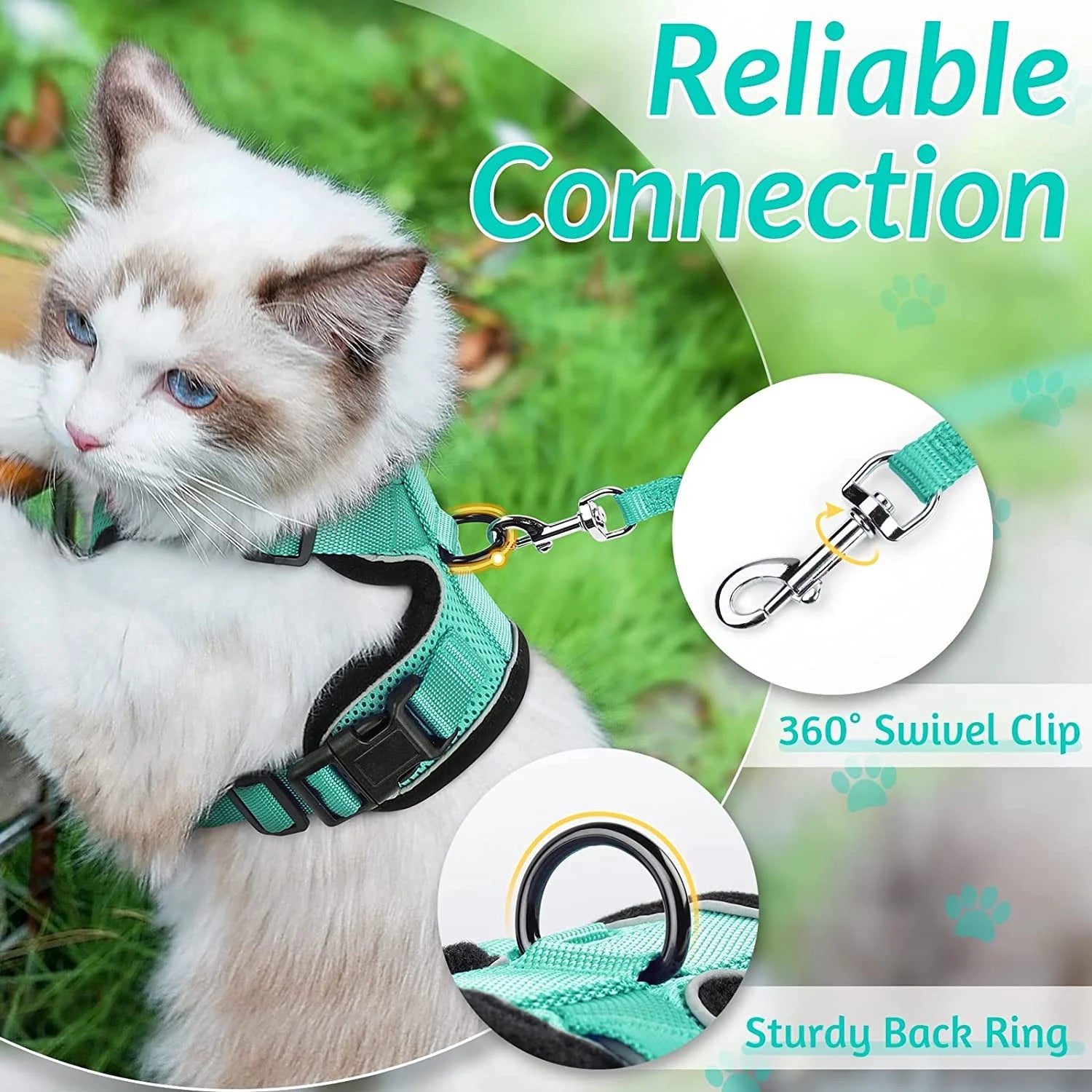 Cat Harness and Leash for Walking, Escape Proof Soft Adjustable Vest Harnesses for Cats, Easy Control Breathable Reflective Strips Jacket, Turquoise Green