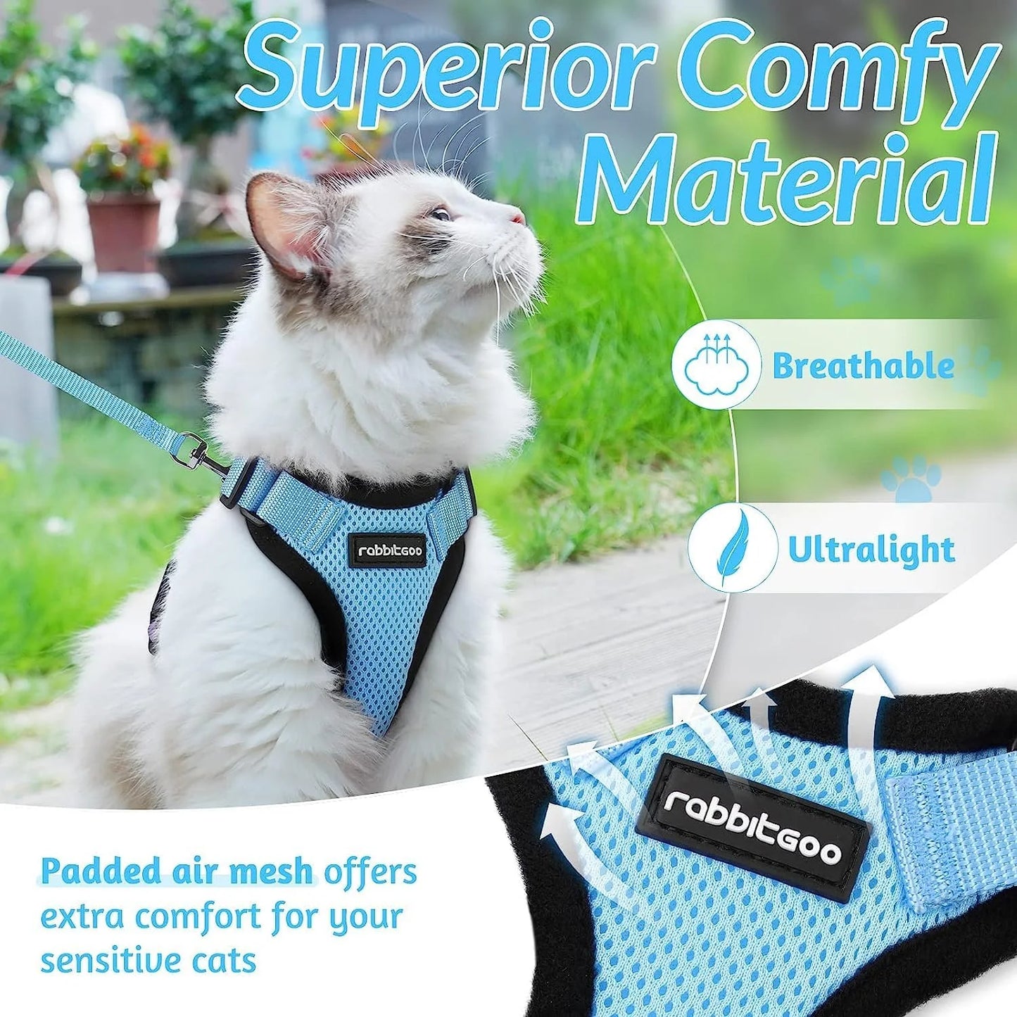 Cat Harness and Leash for Walking, Escape Proof Soft Adjustable Vest Harnesses for Cats, Easy Control Breathable Reflective Strips Jacket, Baby Blue