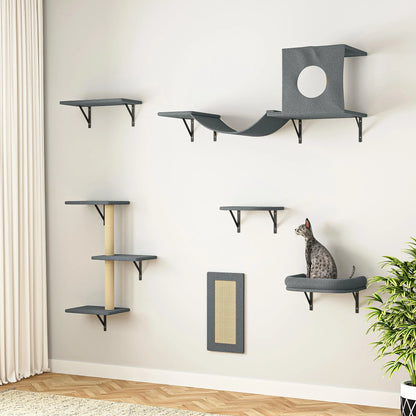 Cat Wall Shelves and Perches Set of 6 with Cat Perch, Indoor Cat Condo for Sleeping Playing Lounging Climbing Cat Tree House, Gray