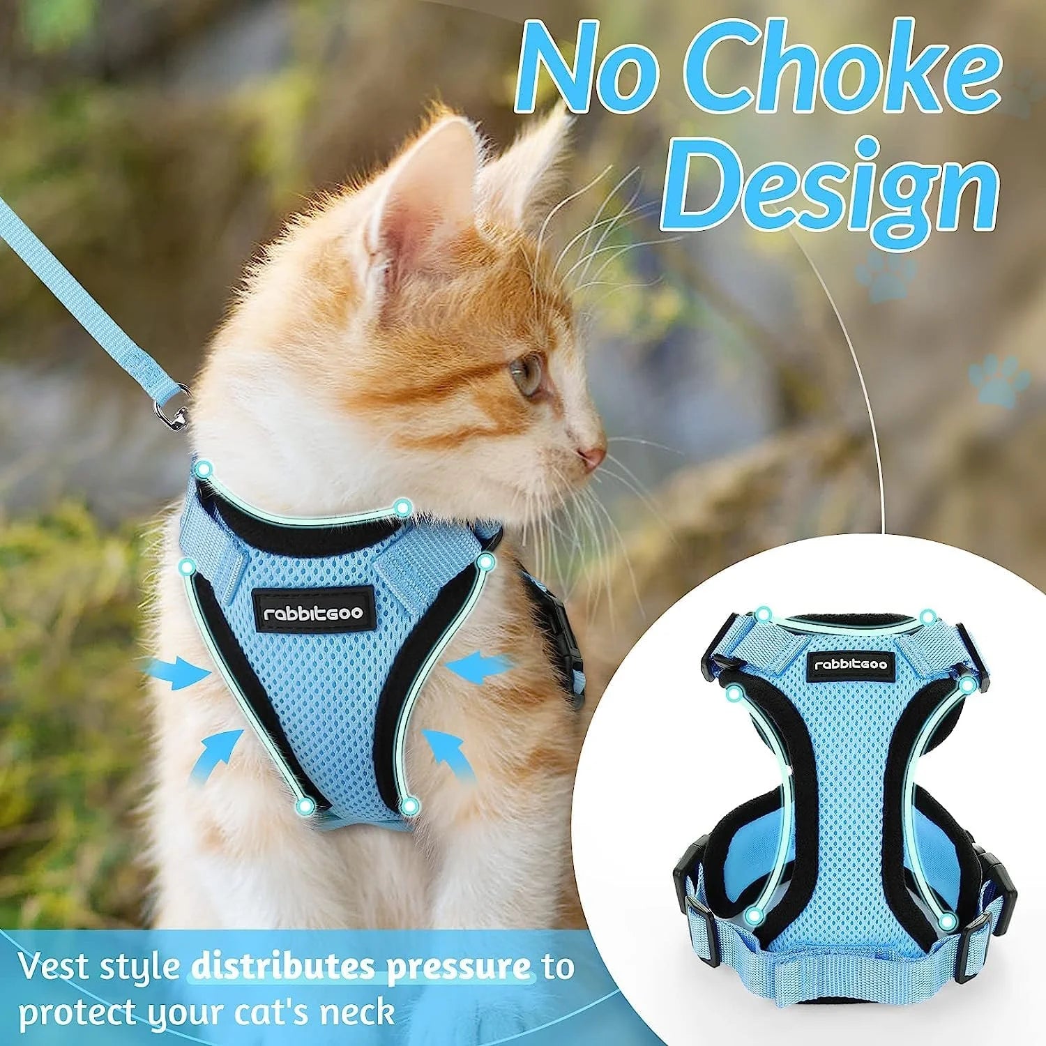 Cat Harness and Leash for Walking, Escape Proof Soft Adjustable Vest Harnesses for Cats, Easy Control Breathable Reflective Strips Jacket, Baby Blue