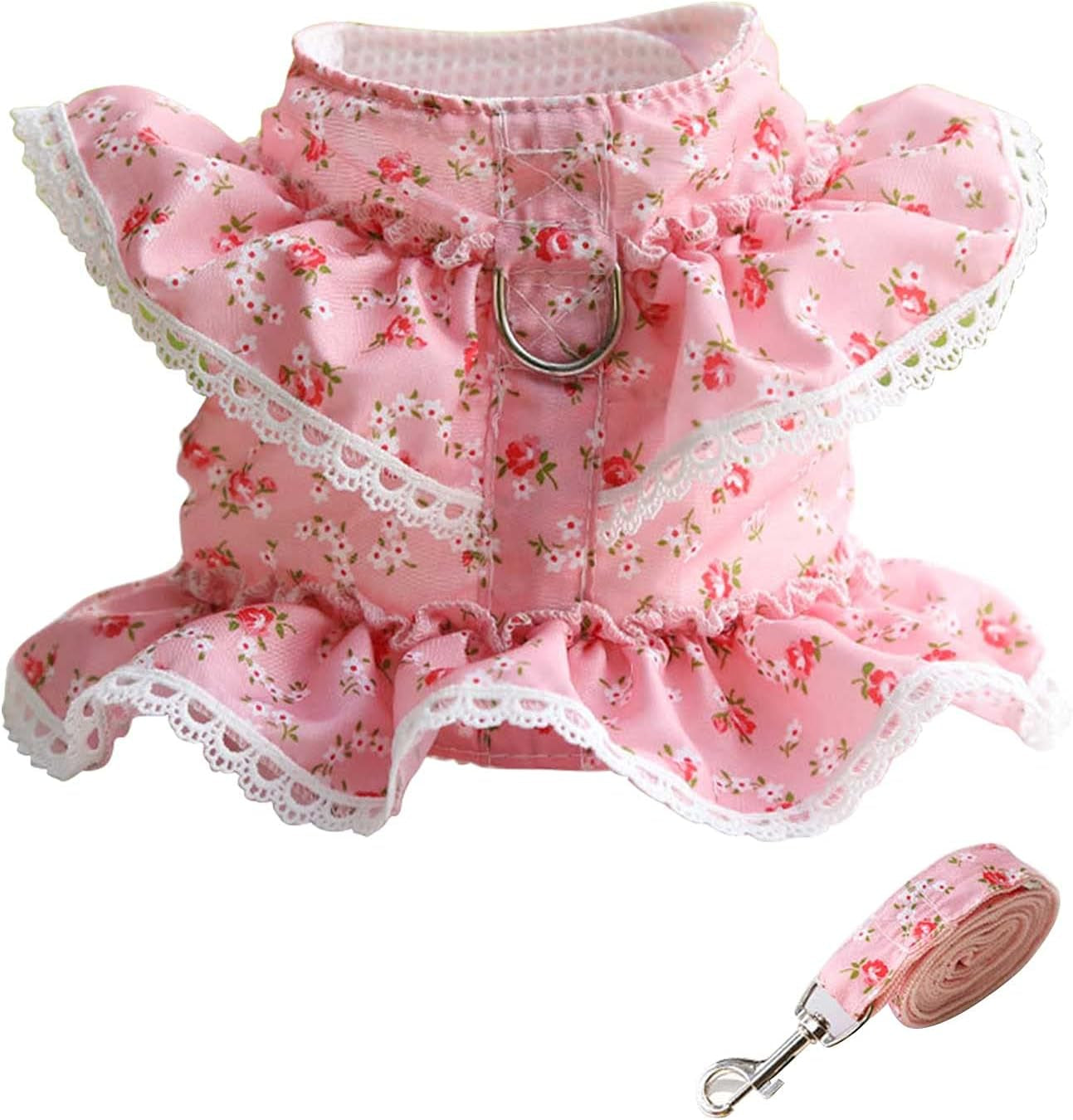 Girl Dog Dress Harness Dog Valentines Outfit Dog Princess Birthday Party Dress Easy Walk Dog Harness and Leash Set for Puppy Doggie Small Medium Dogs Cats