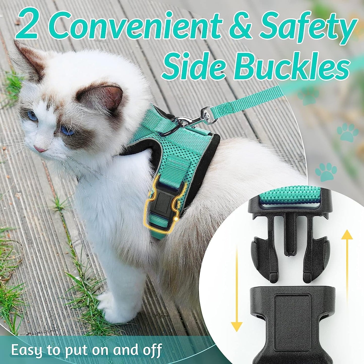 Cat Harness and Leash for Walking, Escape Proof Soft Adjustable Vest Harnesses for Cats, Easy Control Breathable Reflective Strips Jacket, Turquoise Green