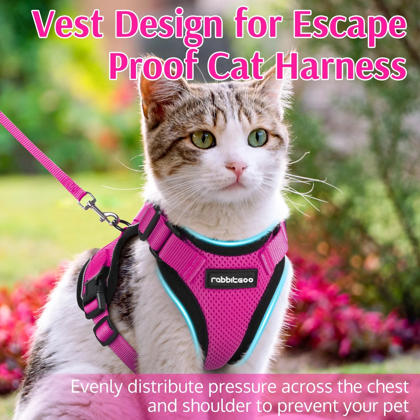 Cat Harness and Leash for Walking, Escape Proof Soft Adjustable Vest Harnesses for Cats, Easy Control Breathable Reflective Strips Jacket, Rose Red