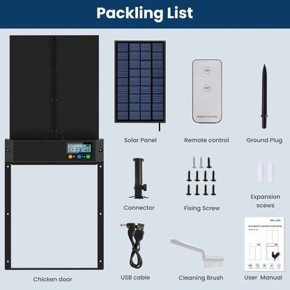 Solar Automatic Chicken Coop Door,  Chicken Coop Door Opener with LCD Screen, Light Sensor/ Timer/ Remote Control Auto Chicken Doors, anti Pinch Waterproof Coop Door, Ideal for Chicken Breeding