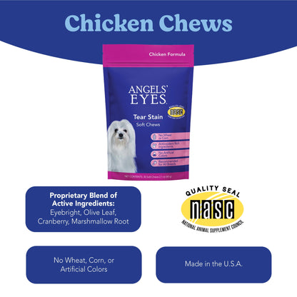 Angels’ Eyes Tear Stain Soft Chews for Dogs and Cats, Chicken Flavor, Pet Eye Care and Grooming, 30 Count Bag