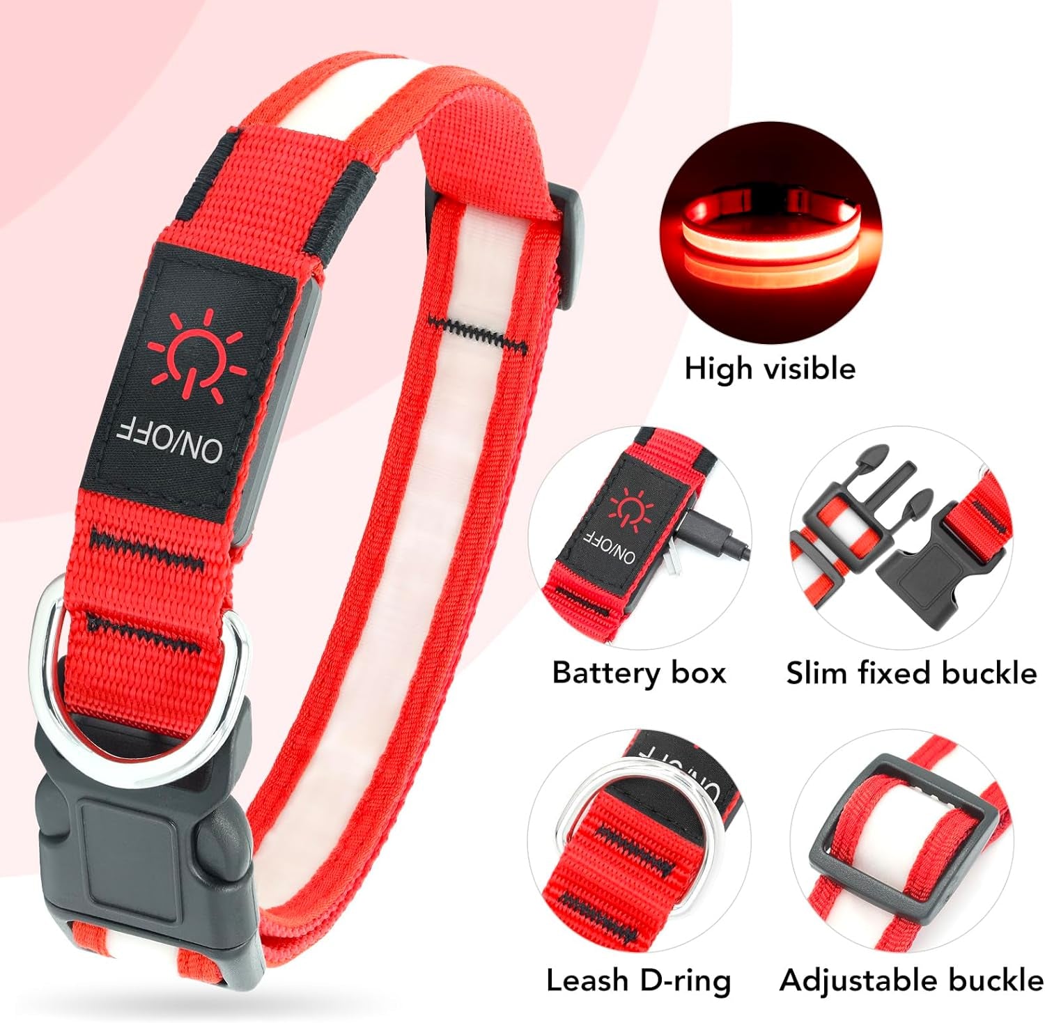 LED Dog Collar, Light up Dog Collar Adjustable USB Rechargeable Super Bright Safety Light Glowing Collars for Dogs(Small,Red)