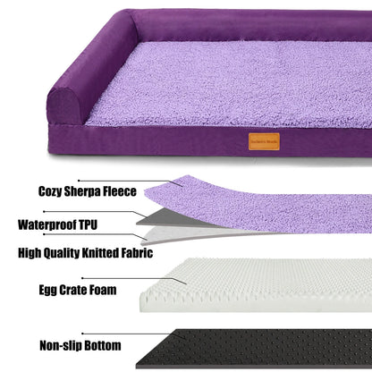 Orthopedic XL Dog Bed for Large Dogs 42''X28'', L Shaped with Removable Washable Cover, Waterproof Supportive Foam Pet Couch Bed Mat, Purple