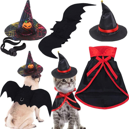 4 Pieces Halloween Pet Costume Set Bat Wings Witch Cloak Wizard Hat for Cats and Small Dogs Cute Puppy Cat Dress up Accessories Cosplay Halloween Party Decorations (Halloween)