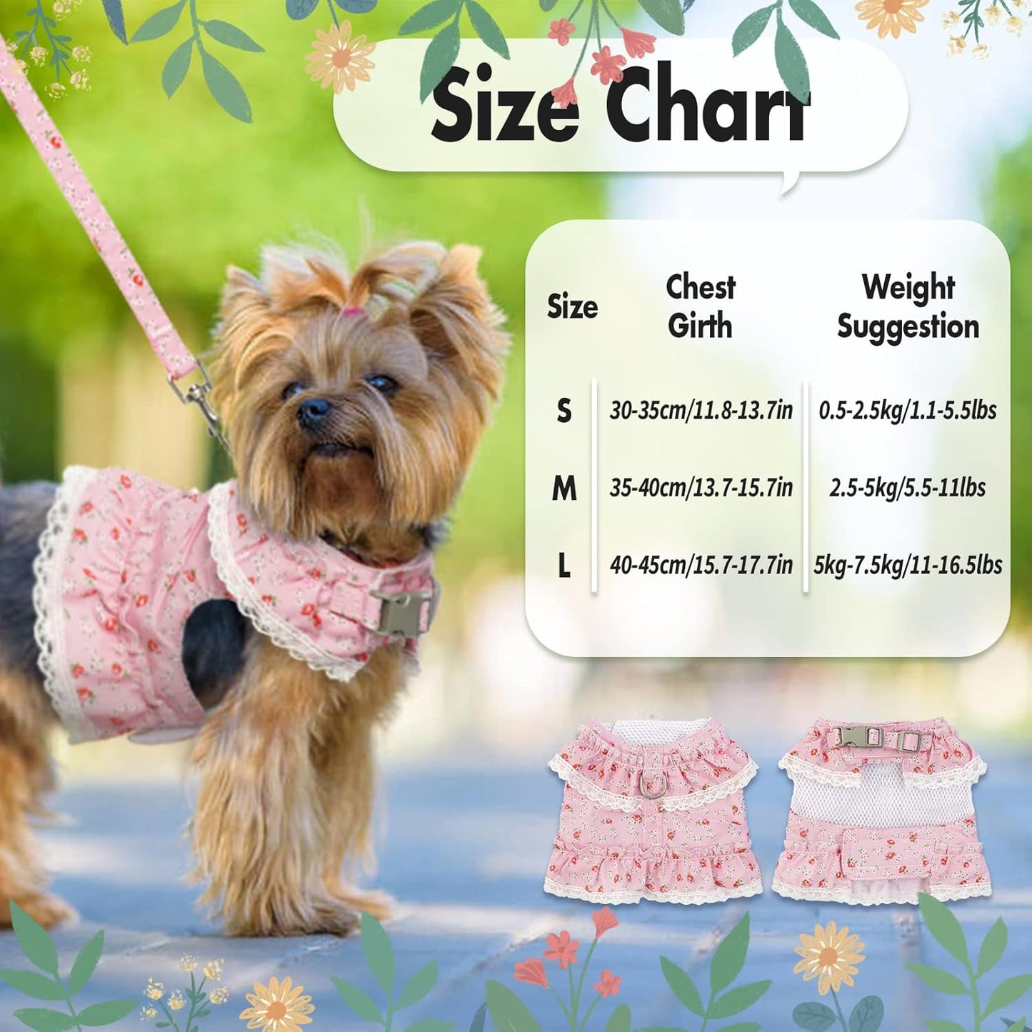 Girl Dog Dress Harness Dog Valentines Outfit Dog Princess Birthday Party Dress Easy Walk Dog Harness and Leash Set for Puppy Doggie Small Medium Dogs Cats