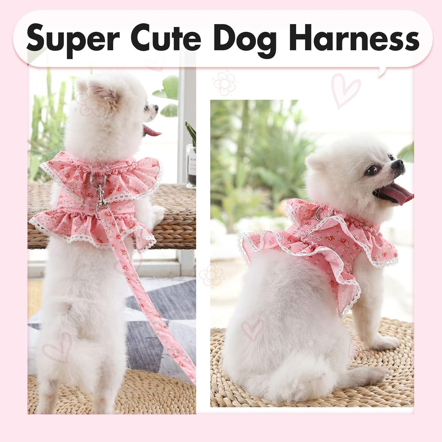 Girl Dog Dress Harness Dog Valentines Outfit Dog Princess Birthday Party Dress Easy Walk Dog Harness and Leash Set for Puppy Doggie Small Medium Dogs Cats