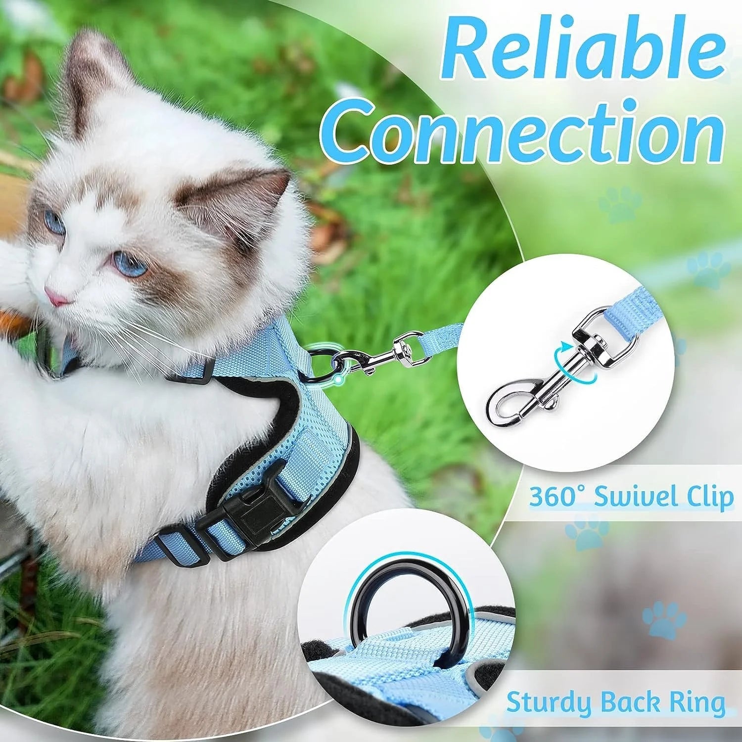 Cat Harness and Leash for Walking, Escape Proof Soft Adjustable Vest Harnesses for Cats, Easy Control Breathable Reflective Strips Jacket, Baby Blue