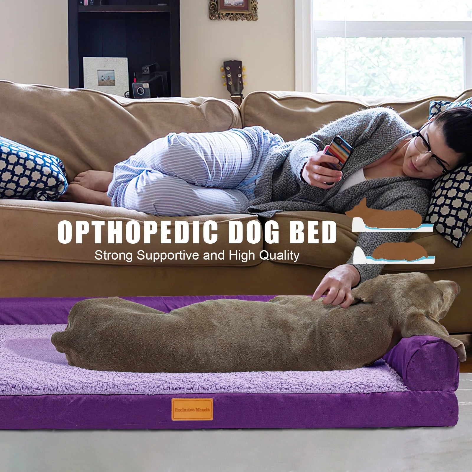 Orthopedic XL Dog Bed for Large Dogs 42''X28'', L Shaped with Removable Washable Cover, Waterproof Supportive Foam Pet Couch Bed Mat, Purple